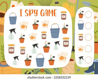 I spy game. Farm and gardening tools brain puzzle vector worksheet. Kids riddle game or quiz with find and count task, flower pots, seeds, buckets and water sprayers, children education activity