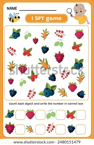 I SPY game. Find and count berries. Educational children game. Printable worksheet.