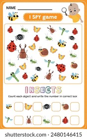 Yo juego de espionaje. Encuentra y cuenta insectos lindos. Juego educativo para niños. Hoja de cálculo imprimible. 