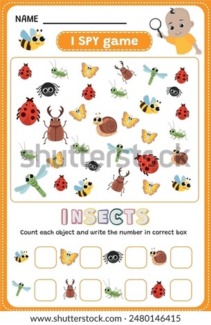 I SPY game. Find and count cute insects. Educational children game. Printable worksheet. 