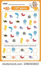  I SPY game. Find and count fish and sea creatures.. Underwater world. Educational children game. Printable worksheet.