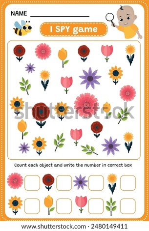 I SPY game. Find and count flowers. Educational children game. Printable worksheet. 