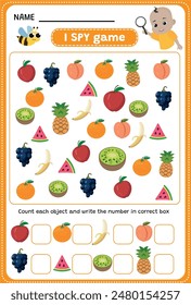 I SPY game. Find and count fruit. Educational children game. Printable worksheet.