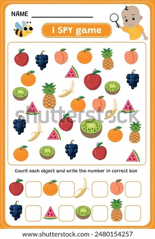 I SPY game. Find and count fruit. Educational children game. Printable worksheet.