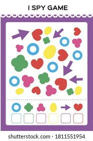 I spy game. Find and Count shapes for toddlers. Counting activity for kids. Educational for kids. Basic Geometrical shapes. Elementary math worksheet.