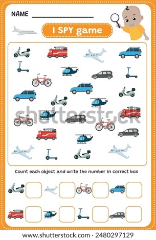 I SPY game. Find and count vehicles. Educational children game. Printable worksheet.