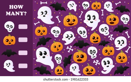 I spy game for halloween worksheets for kids with ghosts, spooky pumpkins, counting puzzle for books in cartoon style, cartoon skulls and bones