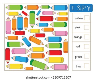 I spy game for kids. Colors worksheet for children. Back to school educational game