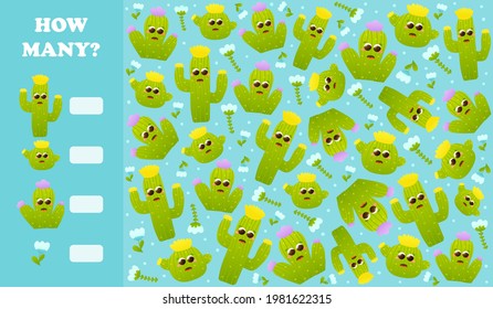 Spy Game For Kids With Cute Cactuses In Cartoon Style, Educational Counting Riddle, Printable Worksheets Or Indoor Activity, How Many Puzzle With Floral Themed Characters