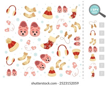 I spy game for kids with cute warm clothes. Search and count how many. Math game. Isolated vector illustration eps 10