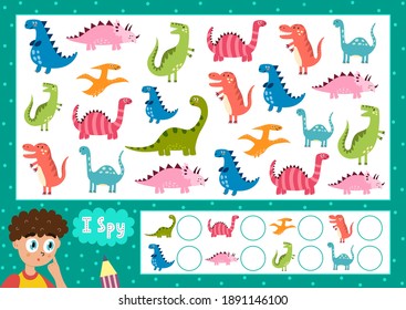 I Spy Game For Kids. Find And Count The Cute Dinosaurs. Search The Same Dino Puzzle For Children. How Many Funny Activity Page. Vector Illustration