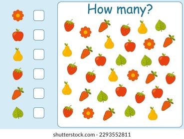  I spy game for kids. How many fruits and vegetables are there. Math game for kids. Printable worksheet for preschoolers. Set of colorful fruits and vegetables elements. Vector