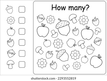  I spy game for kids. How many  fruits and vegetables  are there. Math game for kids. Printable worksheet for preschoolers. Coloring page. Black and white. Vector