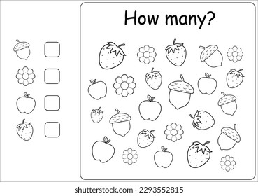  I spy game for kids.How many fruits and vegetables are there. Math game for kids. Printable worksheet for preschoolers.Math worksheet for kids. Coloring page. Black and white. Vector