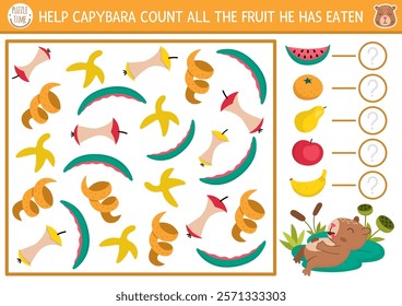 I spy game for kids. Searching and counting activity with capybara and fruit peel. Printable worksheet for preschool children. Simple spotting puzzle with watermelon, tangerine, banana, apple