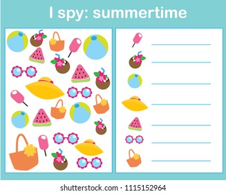 I spy game for toddlers. Find and count objects. Counting educational activity for children and kids. Summertime theme.