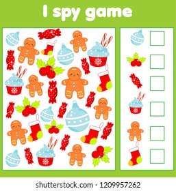 I spy game for toddlers. Find and count objects. Counting educational activity for children and kids. Christmas and new year holidays theme.
