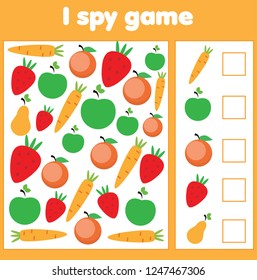 I spy game for toddlers. Find and count vegetables and fruits. Children educational game. study methematics page for pre school years kids