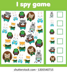 I spy game for toddlers. Find and count objects. Counting educational activity for children and kids. Cute animals