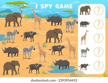 Espio una hoja de cálculo de juego con animales de safari africanos de sabana, preguntas de niños vectores. Animales de dibujos animados africanos de safari, cebra con elefante, rinocerontes y búfalo, preguntas para encontrar y emparejar imágenes similares