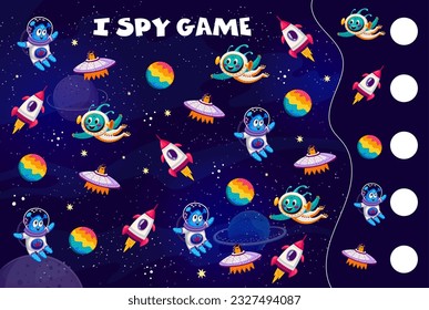 Espio la hoja de cálculo del juego. Dibujo de alienígenas y ufo en el espacio ultraterrestre. El enigma de matemáticas vectoriales para niños. Cuenta cuántos platillos, extraterrestres, planetas y cohetes ponen a prueba niños. Tarea educativa para el desarrollo de la mente del bebé