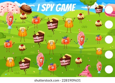 I spy game worksheet cartoon candy, pastry and cake characters. Kids vector jigsaw riddle with pie, cupcake, jelly pudding with cocktail and baba sweet pastry food personages. How many sweets test