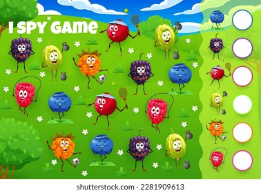 Espio la hoja de cálculo del juego. Caricatura animada de berry personajes en la pradera de verano. Blueberry, gooseberry y frambuesa, cowberry, blackberry lindas personajes haciendo fitness en niños Yo espía el juego de rompecabezas vector