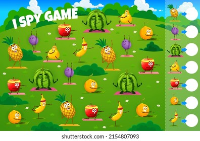 I spy game worksheet cartoon fruits characters on yoga. Vector kids educational puzzle with pineapple, plum, watermelon, quince, apple, orange and banana. Math riddle page of kindergarten education