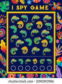 I spy game worksheet with cartoon funny Mexican chameleons and flowers, vector kids riddle. I spy or find and match similar lizards. Board game with Mexican animals and flowers