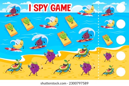 I spy game worksheet, cartoon funny fruits on summer beach vacation. Kids vector riddle how many figs, bananas, apples, grapes and avocado. Children test, education task for baby mind development