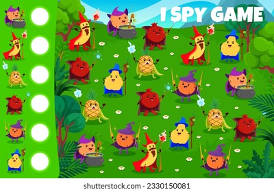 I spy game worksheet. Cartoon Halloween fruit wizards and mages. Kids vector riddle with peach, banana, pineapple and garnet, orange with quince warlocks on green field with magical staffs and pots