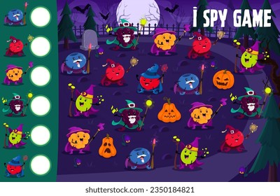 I spy game worksheet. Cartoon Halloween berry wizards at night cemetery. Kids vector riddle count how many blueberry, cherry, cloudberry and blackberry, cranberry and gooseberry warlocks children test