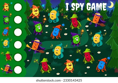 I spy game worksheet. Cartoon mineral and micronutrient wizards and sorcerers in Halloween forest. Kids vector riddle how many Mn, Zn, Mg, Fe, Cl and Se capsule warlock characters, educational task