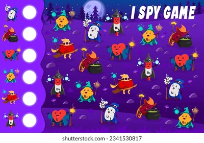 I spy game worksheet. Cartoon vitamin wizards and sorcerers in Halloween forest. Kids vector riddle how many U, P, D, B2, B12 and B9 micronutrient capsule characters. Children test, educational task