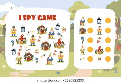 I spy game worksheet concept. Development of kids skills, education and training. intellectual game for concentration and attention, counting objects. Cartoon flat vector illustration