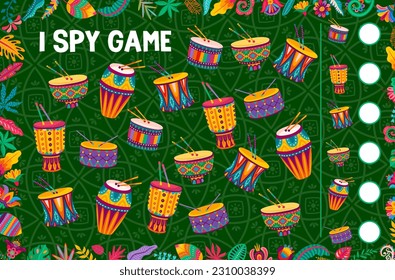 I spy game worksheet counting of african or brazilian drums. Kids vector riddle page with cartoon tribal percussion instruments. How many jumbo drums children test, education task for baby development