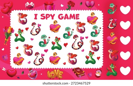 Ich spioniere Spiel Arbeitsblatt zu finden und das gleiche Bild von Schlange Zeichen, Vektor Puzzle Quiz. Ich spioniere Spiel für Kinder mit Valentinstag Herzen, Eheringe, Geschenke und Blumen zu gleichen Bildern