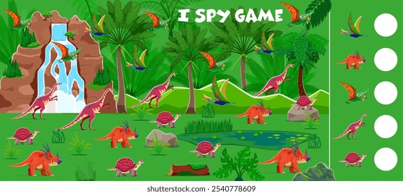 I spy game worksheet with funny prehistoric dinosaurs. Vector riddle task for kids with cartoon dino characters. Count how many dinosaurus education children test for mind development and learning