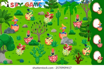 I spy game worksheet with funny prehistoric dino kids in eggshell, vector puzzle quiz. I spy game with dinosaur baby in eggs to find and match the same picture of cute dino lizards in Jurassic forest