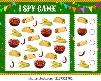 I spy game worksheet mexican food. Kids vector educational puzzle with tex mex tacos, burrito, bean soup and corn with red jalapeno pepper, kindergarten preschool riddle task