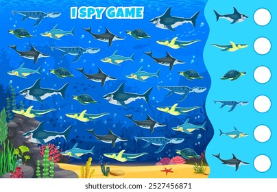 I spy game worksheet with prehistoric underwater reptiles and dinosaurs, vector kids quiz. I spy game with undersea aquatic extinct animals and dino reptiles to find and match the same picture