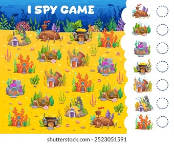 I spy game worksheet, underwater cartoon houses on sea bottom puzzle quiz. Kids education activity, find and count vector boat, anchor, coral, stone and turtle shell home buildings game, I spy puzzle