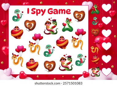 I spy game worksheet, valentines day funny snakes with hearts, balloons and flowers. Vector riddle for kids with playful reptiles in love. Festive activity for families during valentine celebrations