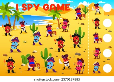 I spy game worksheet. vitamins and micronutrient pirates and corsair characters. Objects counting kids quiz or game vector worksheet with Fe, P, Cu and Ca filibuster pirate funny personages on beach