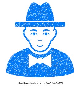 Spy grainy textured icon for overlay watermark stamps. Flat symbol with dust texture. Dotted vector blue ink rubber seal stamp with grunge design on a white background.