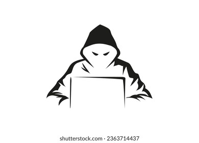 Spy hacker icon on a white background. Computer hacker with laptop. Hacker icon