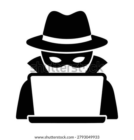 Spy hacker laptop, masked spy hacker using laptop in hat and coat, black and white vector icon for cybercrime and secret intrusion