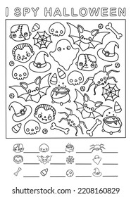 I spy halloween fun logic game for children. Kids can count cute characters and colour it. Printable math worksheet and colouring page with kawaii and spooky design.