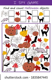 I spy Halloween objects - educational game for kids. Math worksheet for kindergarten, school, preschool. Development of numeracy skills and attention.