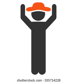 Spy Hands Up vector icon. Style is bicolor flat symbol, orange and gray colors, rounded angles, white background.